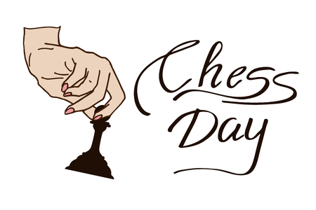 International Chess Day background. A woman's hand holds chess. Vector illustrationのイラスト素材