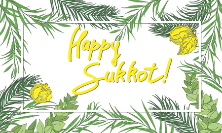 Sukkot Jewish Holiday background. Festive background with hand-written text, branches of myrtle, willow, palm, citron fruits. Vector illustrationのイラスト素材