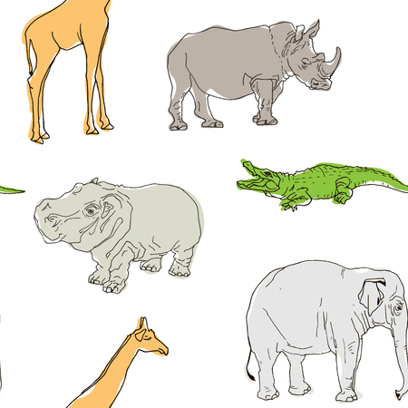 Seamless pattern of wild animals. Crocodile, hippopotamus, giraffe, rhinoceros and elephant are painted by hand. Vector illustrationのイラスト素材