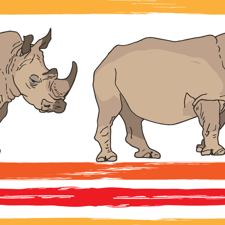 Seamless pattern of large rhinoceroses and grunge stripes. African wild animals. Vector illustrationのイラスト素材