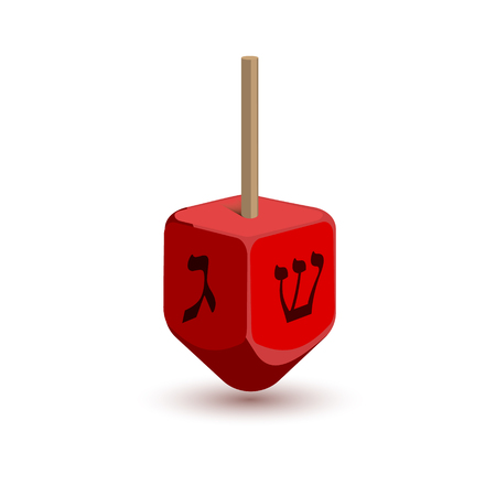Realistic cartoon illustration of a red dreidel, balanced on end. Traditional Chanukah symbol isolated on white background.  Vector illustration.のイラスト素材