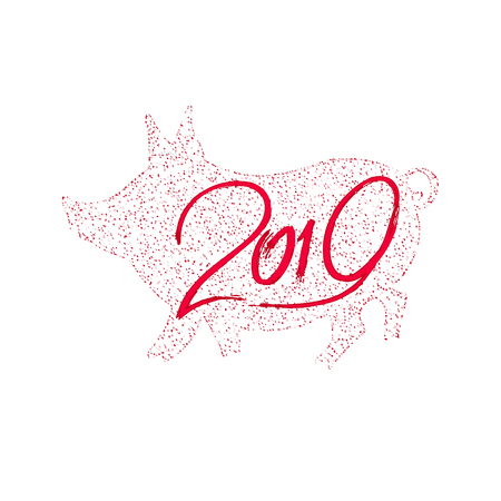 Happy chinese new year 2019 Zodiac sign with pig stamp silhouette and grunge numbers. Vector illustrationのイラスト素材