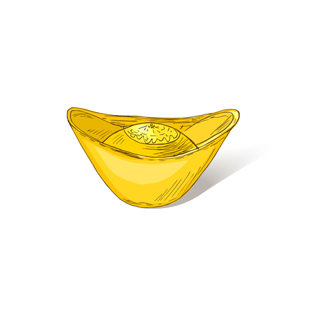 Chinese golden ingot  with shadow isolated on white background. Chinese gold ingot realistic vector illustration for Chinese new yearのイラスト素材