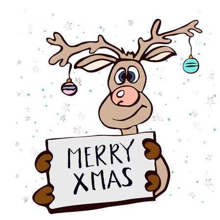 Happy Christmas greeting card, cute hand drawn style. A hand-drawn deer holding a banner with a greeting text. For banner, poster, flyer, brochure, wed, background. Vector illustrationのイラスト素材