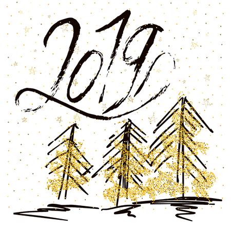 2019 New Year. 2019 grunge numbers and Christmas trees on a white background. Hand written lettering. Happy Holidays card design. Vector illustrationのイラスト素材