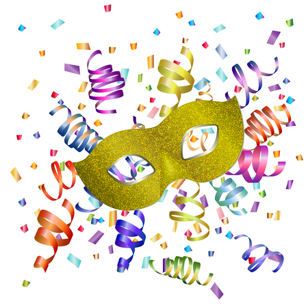 Carnival golden mask, multicolored serpentine and confetti on a white background. Carnival mask with shiny glitter texture. carnival mardi gras party.  Vector Design with carnival symbolのイラスト素材