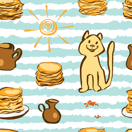 Seamless pattern with traditional carnival symbols - pancakes, caviar, sun, cat. Vector illustrationのイラスト素材