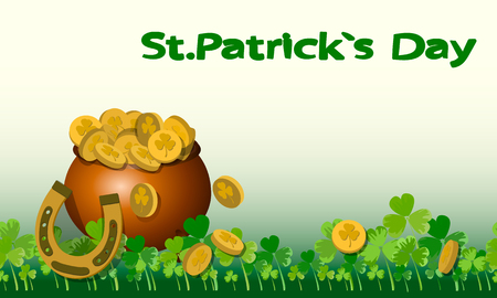Pot of gold coins on the background of a horizontal seamless clover leaf pattern for Happy St. Patrick s Day. Ideal for greeting card, poster and web template. Vector illustrationのイラスト素材