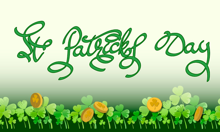 Saint Patrick horizontal background with lettering, gold coins and clover leaves. Ideal for greeting card, poster and web template. Vector illustrationのイラスト素材
