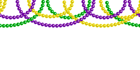 Seamless horizontal pattern beautiful yellow, green, purple beads on a white background. Mardi Gras Party.のイラスト素材