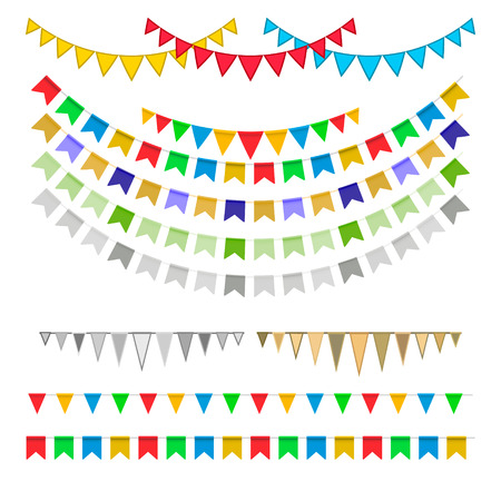 Vector Illustration of Colorful Garlands on white background. Carnival garland with pennants. Decorative colorful party flags for birthday celebration, festival and fair decoration. Holiday set.のイラスト素材