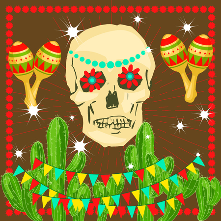Cinco de Mayo - May 5, federal holiday in Mexico. Poster of Mexican culture symbols: maracas, cactus, skull, flowers, flag garland. Vector illustrationのイラスト素材