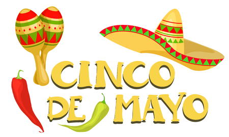 Cinco de Mayo - May 5, federal holiday in Mexico. Poster of Mexican culture symbols: maracas, sombrero and red, green pepper. Vector illustrationのイラスト素材