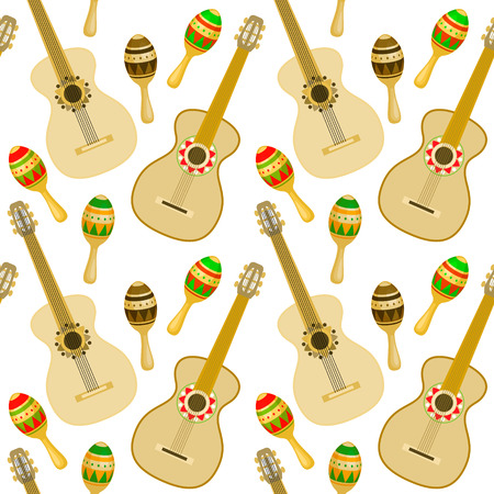 Cinco de Mayo - May 5, federal holiday in Mexico. Seamless pattern of Mexican culture symbols: guitar and maracas. Vector illustrationのイラスト素材