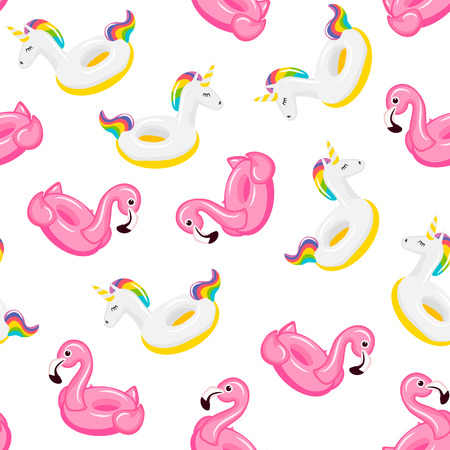 Seamless pattern pink flamingo and colored unicorn inflatable. Pool float. Inflatable colorful unicorn. Swimming circle. Realistic summertime illustration. Vector template for your summertime designのイラスト素材
