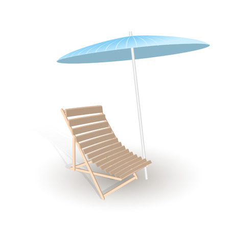 Beach chair with shadow and beach umbrella isolated on white. Wooden beach chaise longue and blue beach umbrella. Realistic summertime illustration. Vector template for your summertime designのイラスト素材