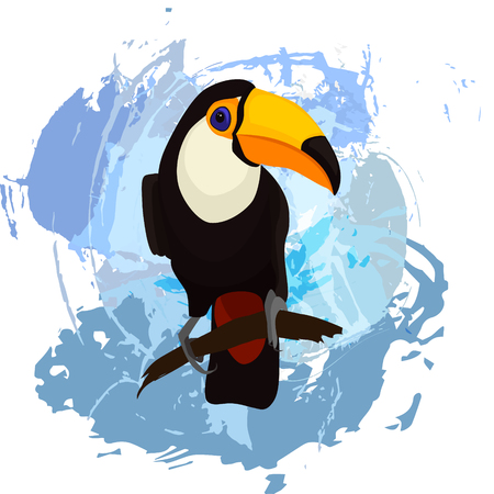 Vector illustration of a bright bird cartoon toucanon a beautiful abstract grunge stain background. Colorful icon of tropical nature for zoo ad, nature reserve, to illustrate books about wildlifeのイラスト素材