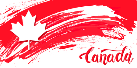 Grunge brush stroke with Canada national flag. Canada Day background with maple leaves in red. Decorative design elements for Canadian national holidays. Symbol of Canada.  Vector illustrationのイラスト素材