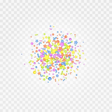 Sprinkle with grains of desserts. Abstract pattern with sharp stars,  moon, circles on chocolate donuts. Design for holiday designs, party, birthday, invitation. Vector sweet confetti のイラスト素材