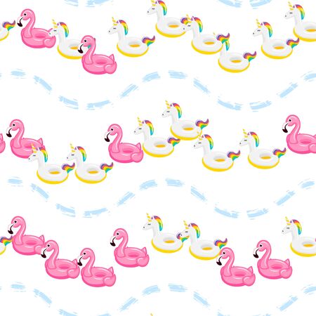 Seamless pattern pink flamingo and colored unicorn inflatable. Pool float. Inflatable colorful unicorn. Swimming circle. Realistic summertime illustration. Vector template for your summertime designのイラスト素材