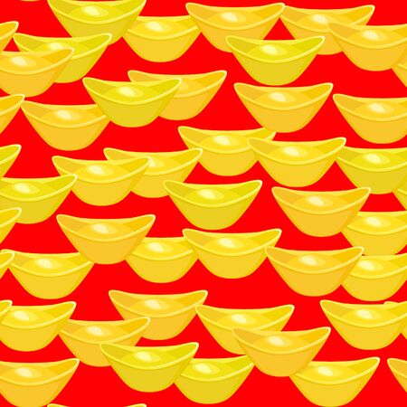Seamless pattern Chinese golden ingot  on red background. Chinese gold ingot realistic. vector illustration for Chinese new yearのイラスト素材