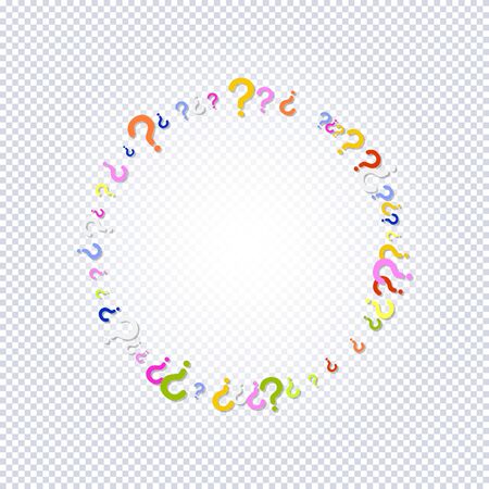 Pattern of rainbow question marks scattered circle shaped on a transparent background. Colorful poll template. Design for query background, faq, interrogation,  quiz, poll. Vector illustrationのイラスト素材
