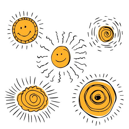 Set of sun symbols hand drawn  in cartoon style. Vector illustration of isolated sun icons on a white background.のイラスト素材