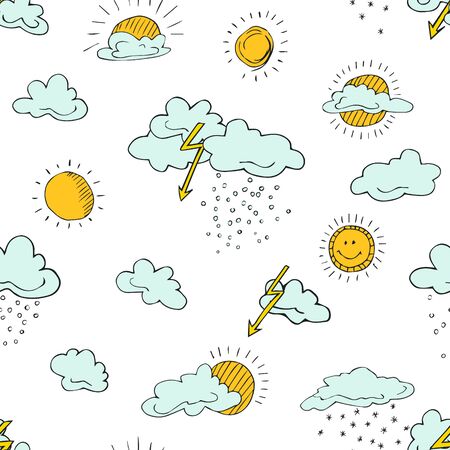 Seamless pattern of weather symbols hand drawn  in cartoon style. Vector illustration of isolated weather icons on a white background. Weather forecast meteorology and climate symbols.のイラスト素材