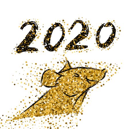 Happy chinese new year 2020 Zodiac sign Rat with on a background of golden confetti. Zodiac sign for greetings card, flyers, invitation, posters, brochure, banners, calendar. Vector illustrationのイラスト素材