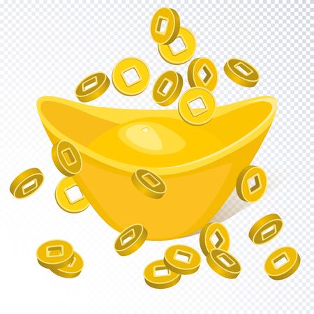 Chinese golden ingot  and falling chinese coins isolated on transparent background. Chinese gold ingot realistic. Vector illustration for Chinese new yearのイラスト素材