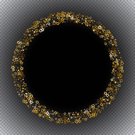 Gold stars confetti. Luxury shiny little random stellar falling  on black transparent background. Frame of little shining stars. New Year and Christmas background.  Vector illustration.のイラスト素材