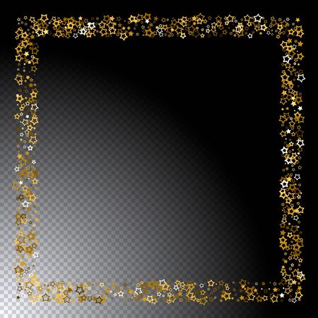 Gold stars confetti. Luxury shiny little random stellar falling  on black transparent background. Frame of little shining stars. New Year and Christmas background.  Vector illustration.のイラスト素材