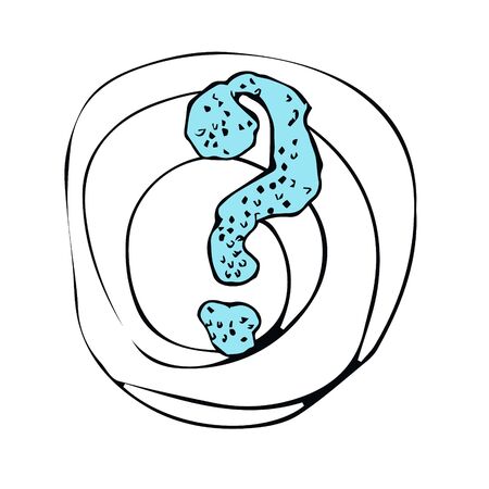 Cartoon question mark with round frame on a white background. Question mark in grunge retro style. Vector illustration.のイラスト素材