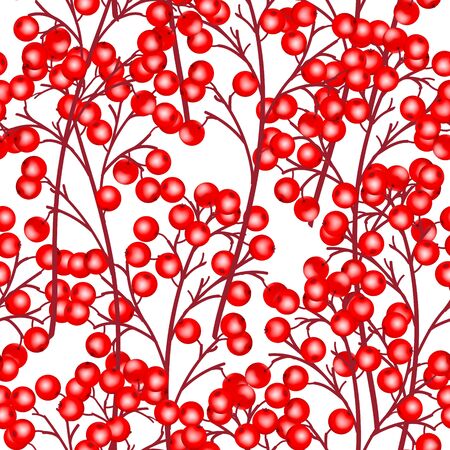 Seamless Christmas background realistic branches with holly red berries isolated on white background. Vector illustration use for design of fabric, wrapping paper, holiday cards, wrappers.のイラスト素材