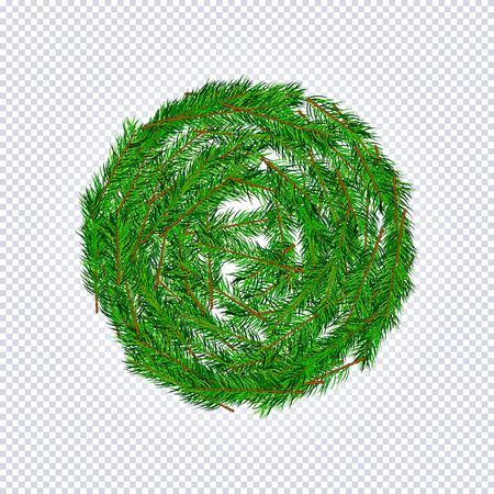 Round frame of christmas tree branches on a transparent background. Christmas holiday background. Great for New year and Christmas party posters, headers, seasonal wallpaper, winter background. Vectorのイラスト素材