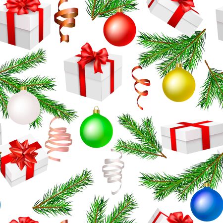Pine fir branches, gift box, glass balls and curling stream on white background. Seamless christmas and new year pattern. Great for posters, headers, seasonal wallpaper, winter background. Vectorのイラスト素材