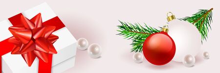 Merry Christmas and New Year background with realistic white with red ribbon gift surprise, christmas balls and  tree branch. Top view. Great for horizontal posters, header for website. Vectorのイラスト素材
