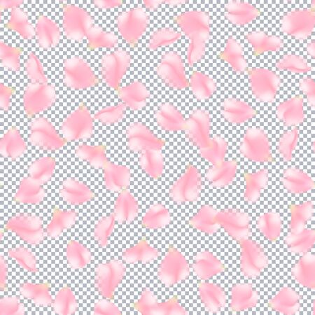 Seamless pattern of rose flower petals. Falling pink rose petals on transparent background. Vector illustration suitable for valentines day design, wedding design, birthdayのイラスト素材
