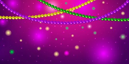 Horizontal pattern beautiful yellow, green, purple beads on a dark night background with flashes of light. Mardi Gras Party. Venetian carnival mardi gras party. Vector Design with carnival symbolのイラスト素材