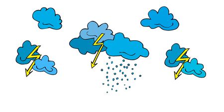 Set lightning, clouds, bad weather, thunderclouds and raindrops hand drawn  in cartoon style. Vector illustration of isolated bad weather icons on white. Weather forecast meteorology, climate symbolsのイラスト素材