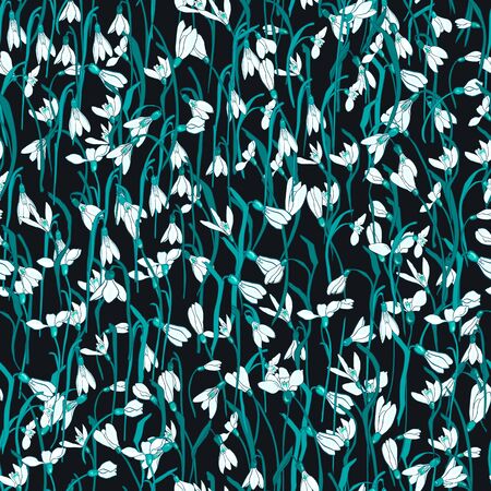 Seamless pattern of hand drawn white snowdrops flowers, green leaves on dark. Spring flowers  snowdrops perfect fit for design cover, textile, fabric, wallpaper, wrapping, card.  Vector Illustrationのイラスト素材