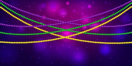 Horizontal pattern beautiful yellow, green, purple beads on a dark night background with flashes of light. Mardi Gras Party.のイラスト素材
