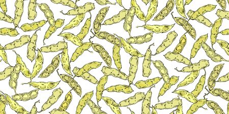 Seamless pattern realistic bean pods hand drawn in line art style. Colorful bean pods isolated on white background. Ideal for the design of fabrics, packaging materials, organic farm products. Vectorのイラスト素材