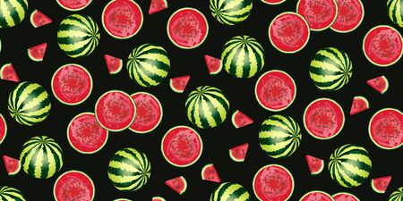Seamless pattern of realistic watermelon, slice of watermelon isolated on black  background. National Watermelon Day. Ideal for the design of fabrics, packaging materials, organic farm products. Vectorのイラスト素材