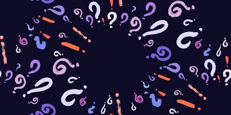 Seamless pattern of hand drawn question and exclamation marks scattered on black background....