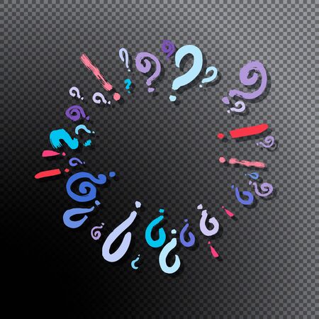 Pattern frame of hand drawn question and exclamation marks scattered on black transparent  background. Colorful poll template. Design for query background, faq, interrogation, quiz, poll. Vectorのイラスト素材