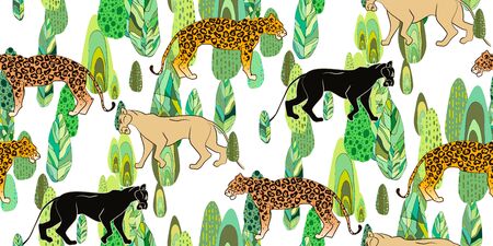 Tropical seamless pattern with bright leopard, panther, jaguar, cheetah, leaves isolated on white background. Perfect for textile, wallpapers, web page backgrounds. Vectorのイラスト素材
