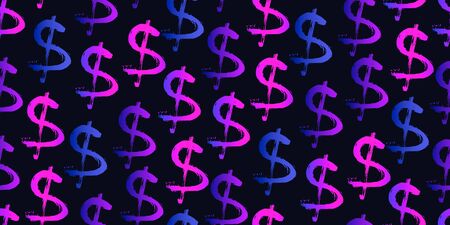 Seamless pattern neon purple symbols of dollar currency isolated on black. Trendy flat lush colorful gradient signs of dollars. The pattern can be used for your ad, poster, banner of USD money. Vectorのイラスト素材