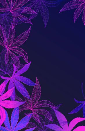 Pattern with gradient colorful marijuana hemp leaves and place for text isolated on dark. Hand drawn cannabis leaves in pink neon colors. Template for packaging materials, banner, web design. Vectorのイラスト素材