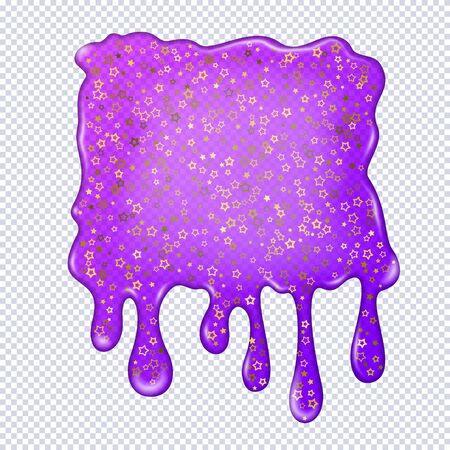 Transparent glitter slime sprinkled with confetti gold stars isolated. Glossy goo purple slime blots. Realistic radioactive slime drips and flowing. Popular kids sensory toy vectorのイラスト素材